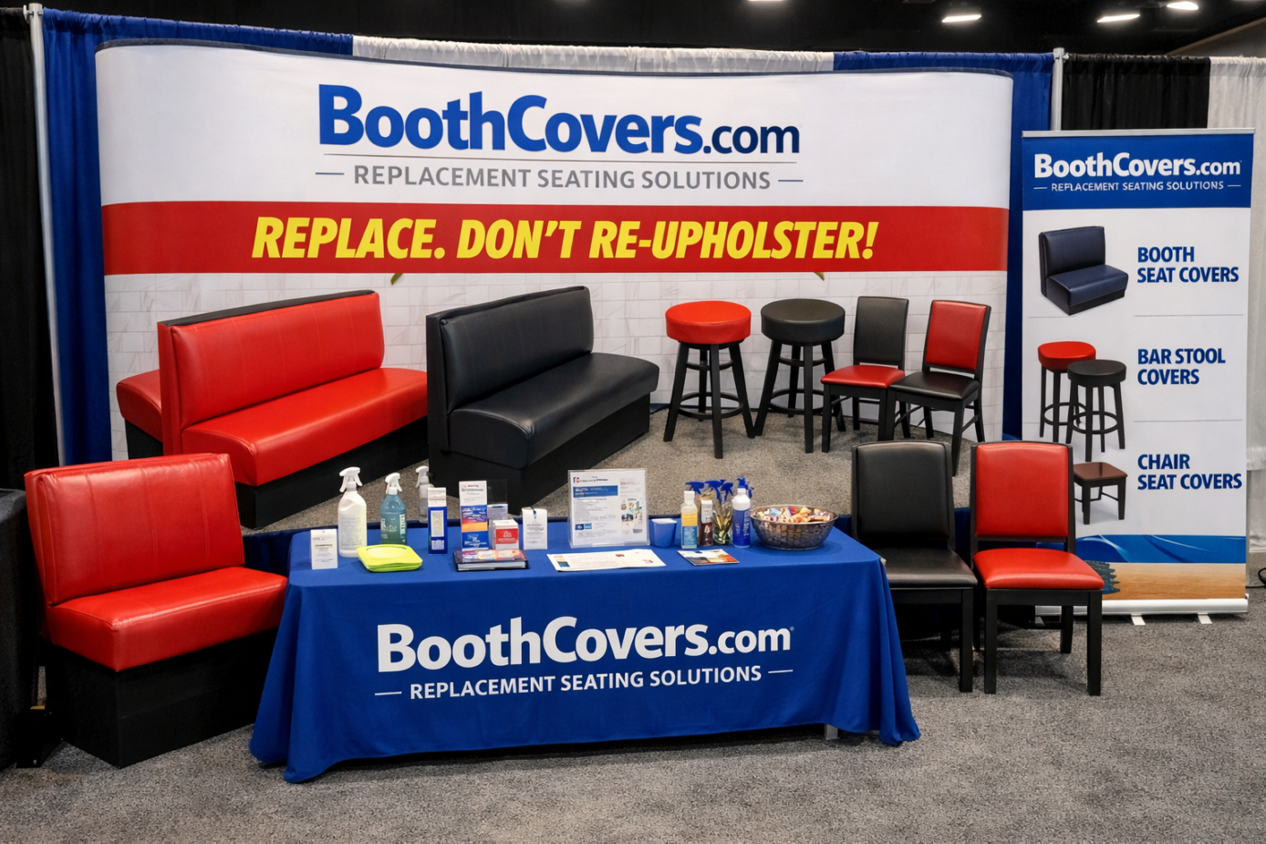 Restaurant booth seat covers display at trade show booth