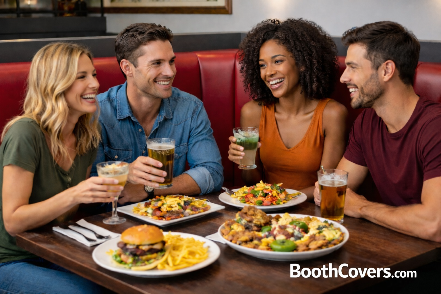 Customers enjoying food and drinks in a restaurant booth with red vinyl seating, highlighting comfortable booth seat covers that enhance dining experience and increase customer spending